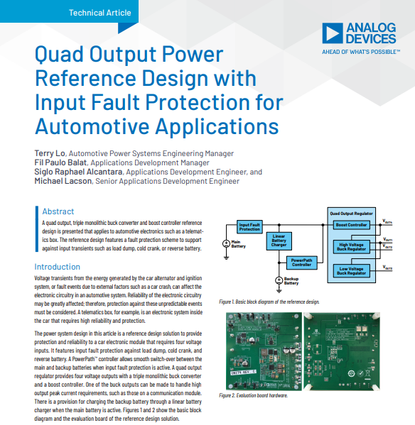 Quad Output Power 
Reference Design with 
Input Fault Protection for 
Automotive Applications